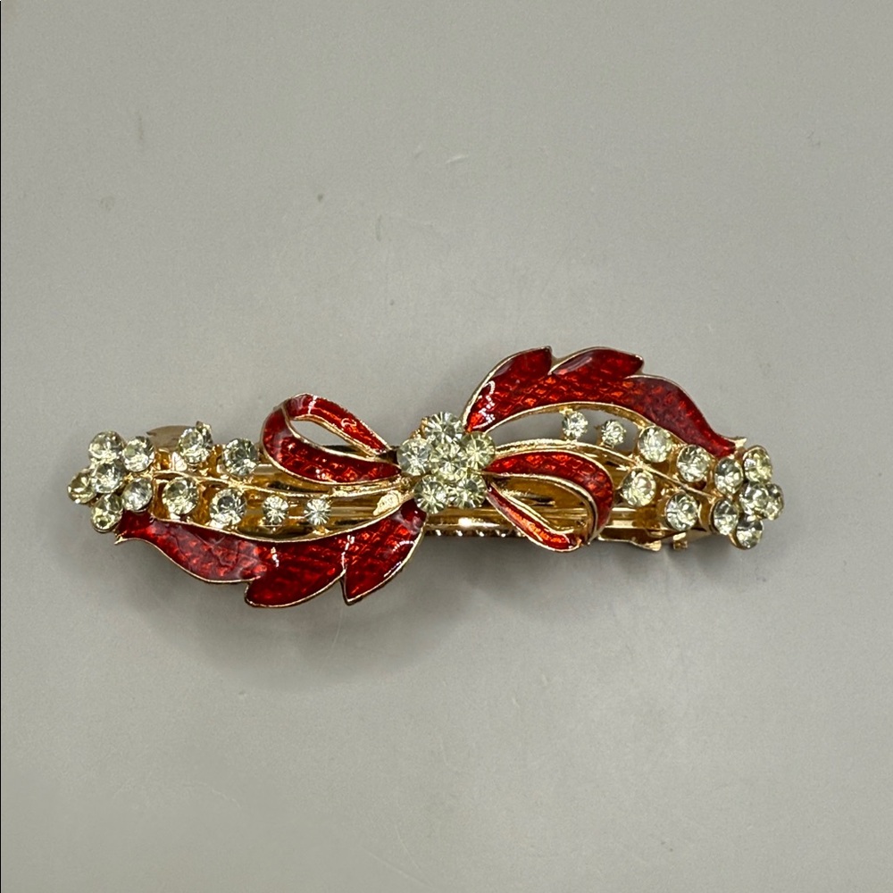 Vintage Red Enamel Gold Tone Rhinestone Bow Hair Clip Barrette